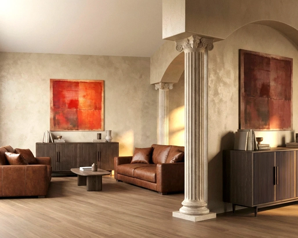 Cream cast stone Corinthian column with a fluted shaft