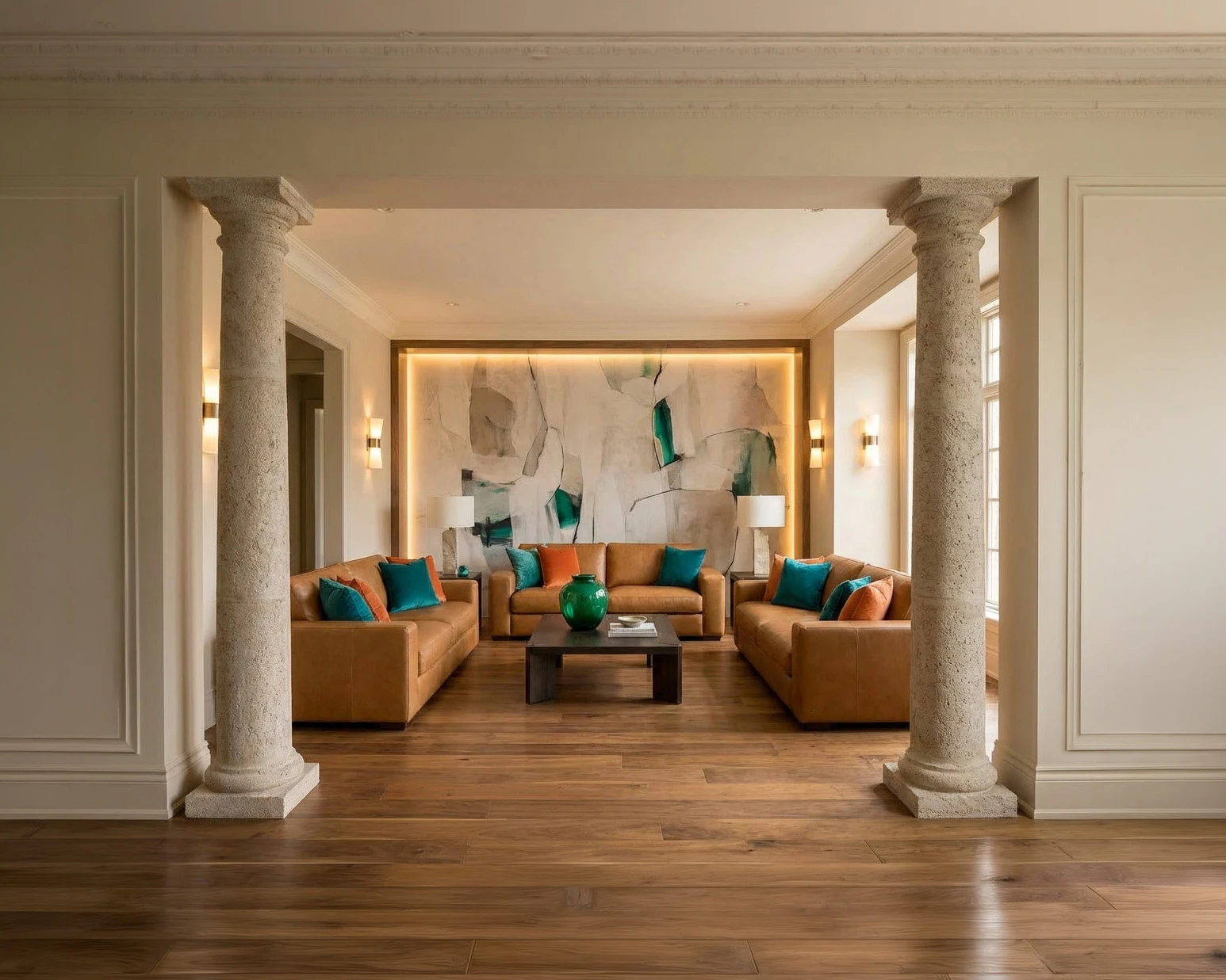 A matched pair of fluted cast stone columns framing a living room with a wood floor