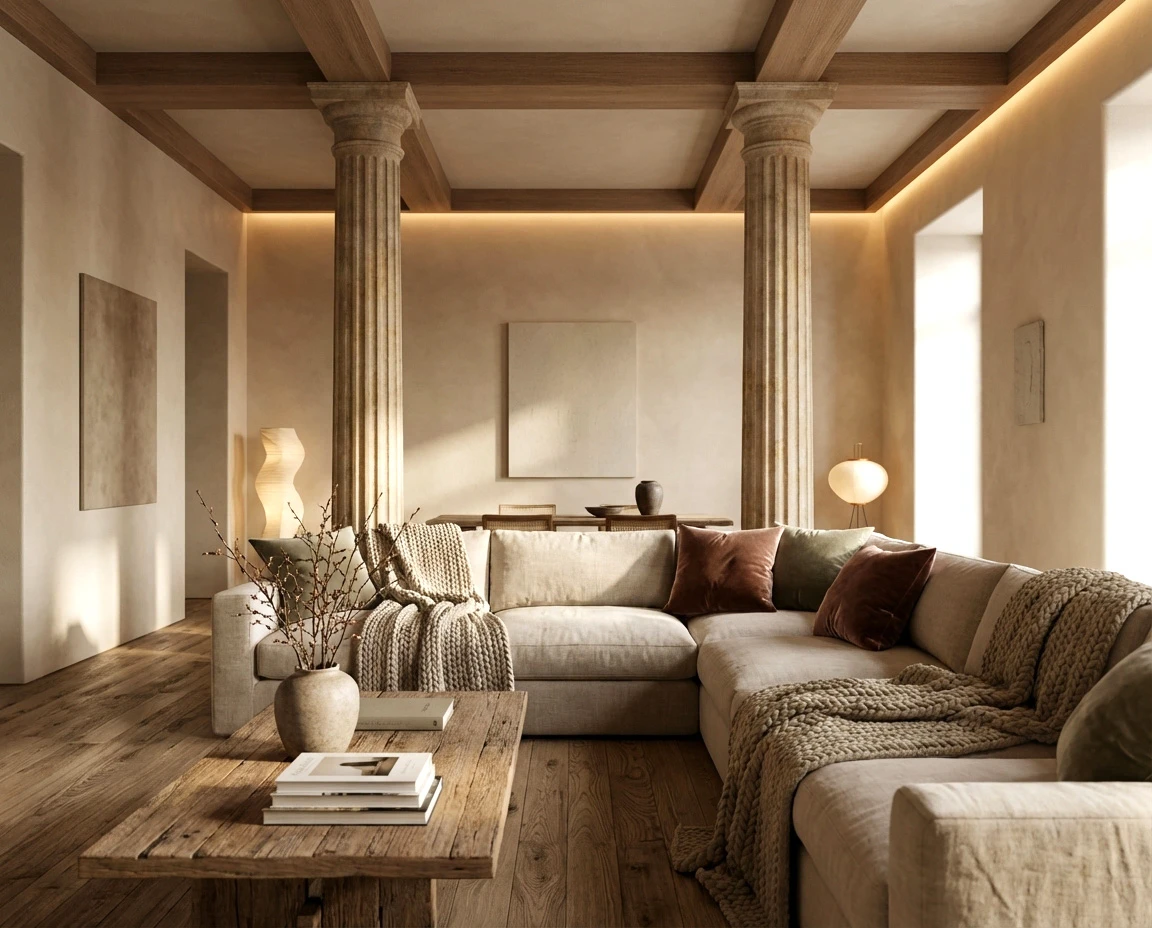 Cast stone columns supporting a wood-beam ceiling