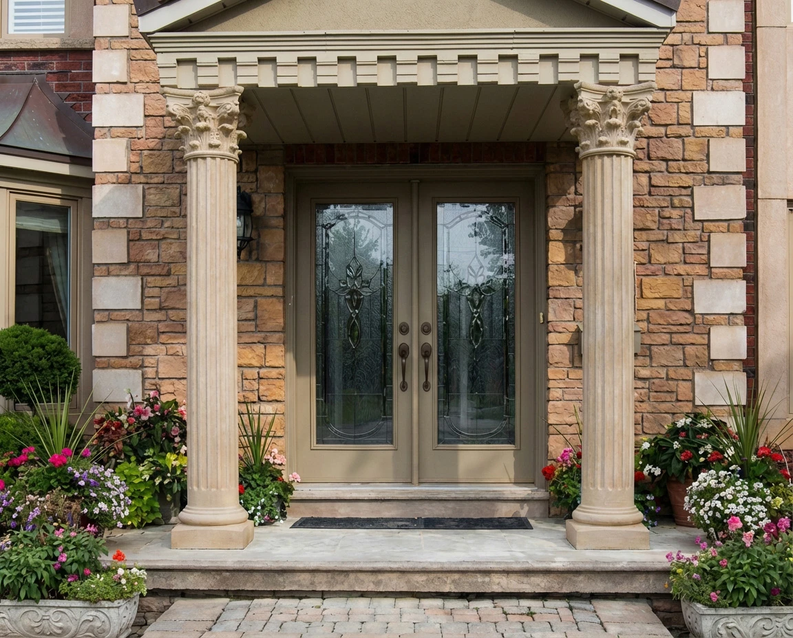 Cast stone Corinthian entry columns framing a front entrance