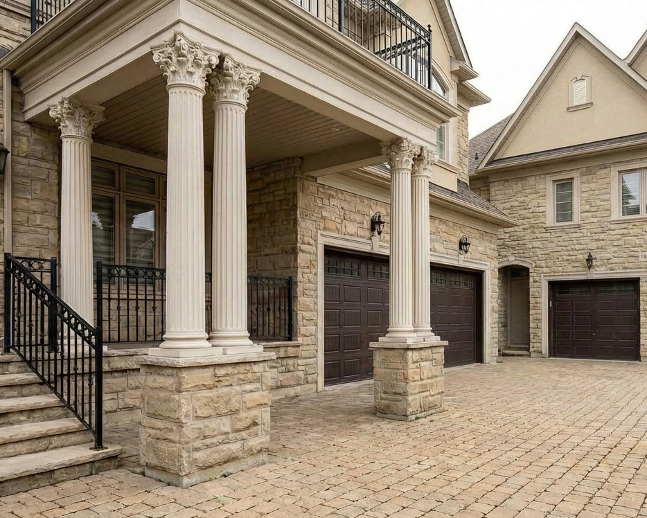 Cast stone Corinthian columns supporting an exterior portico