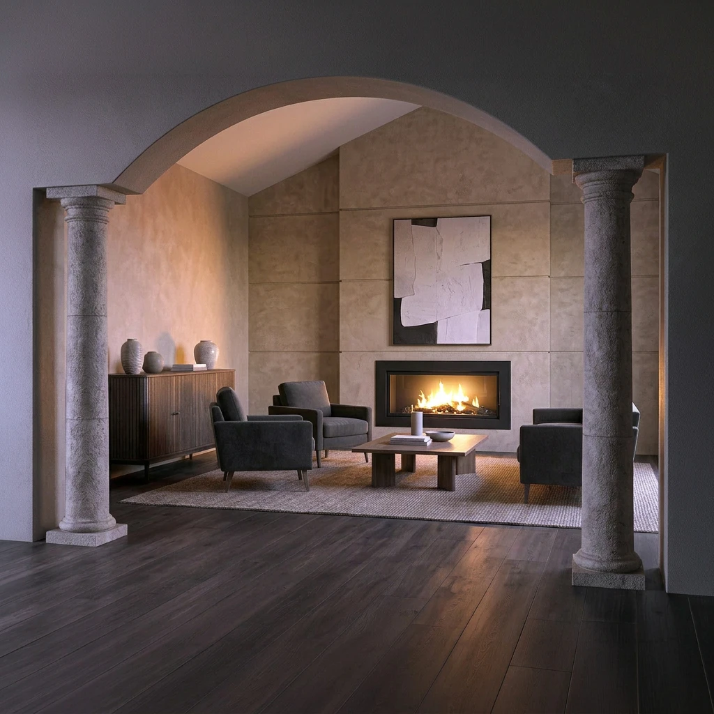 Smooth cast stone columns and archway framing a modern room