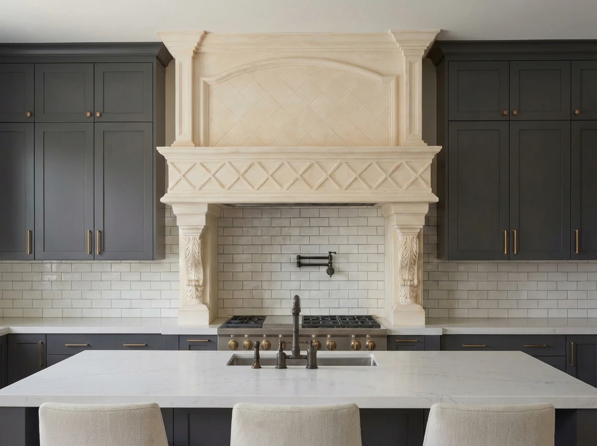Cream cast stone kitchen range hood with an arched apron and lattice-relief band
