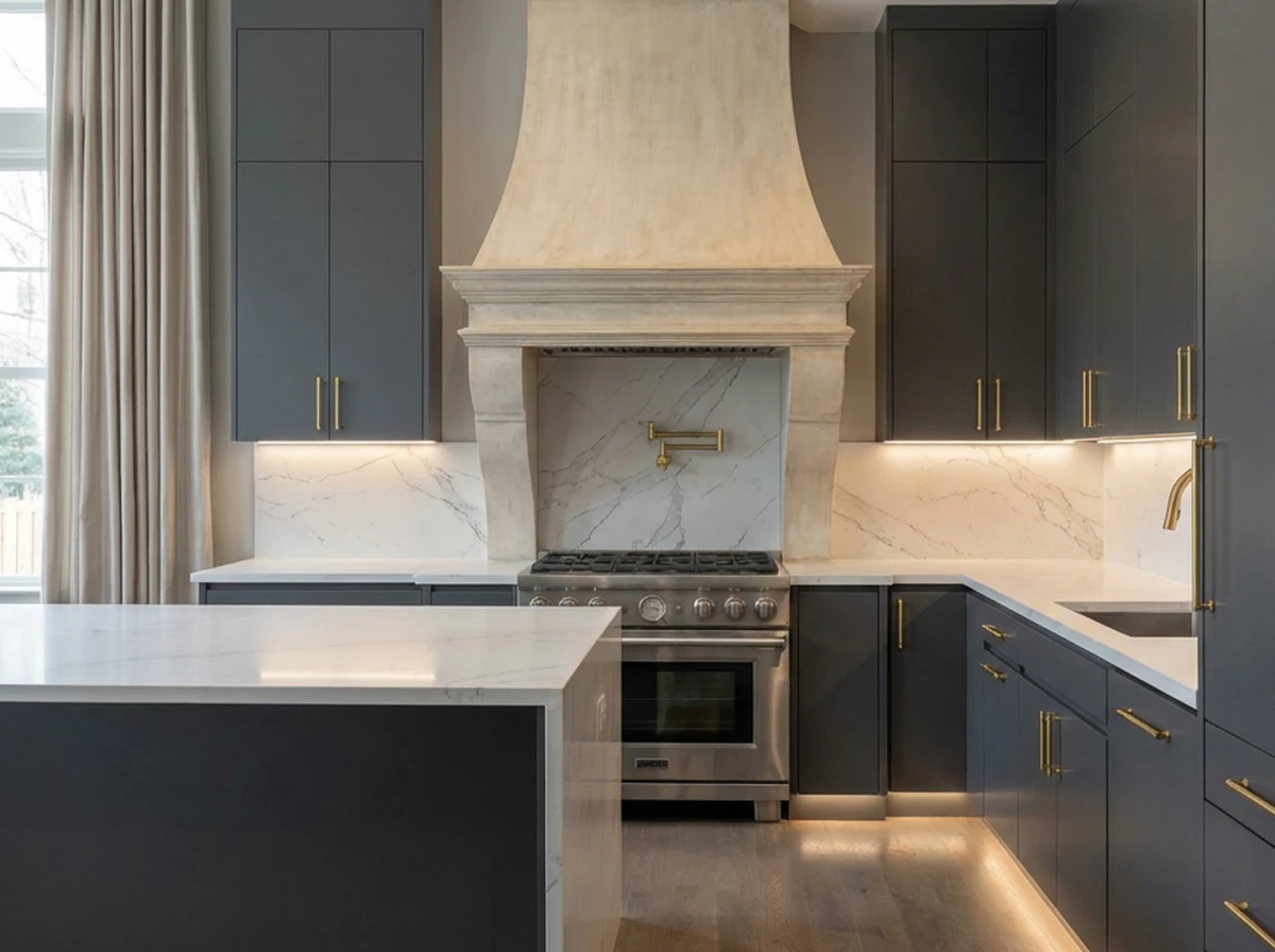 Cream cast stone tapered range hood with corbels above a marble backsplash