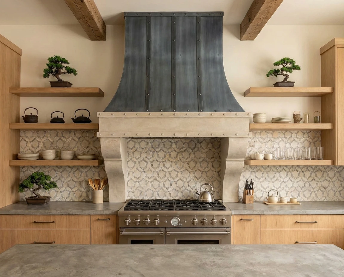 Cast stone range hood with dark metal banding and curved corbels in a wood kitchen