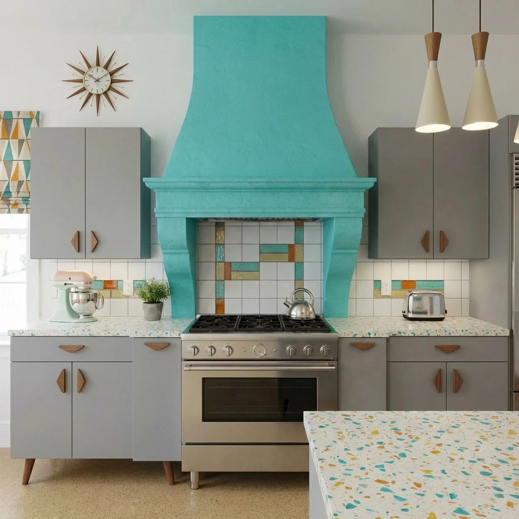 Teal-finished cast stone range hood with a curved tapered shape