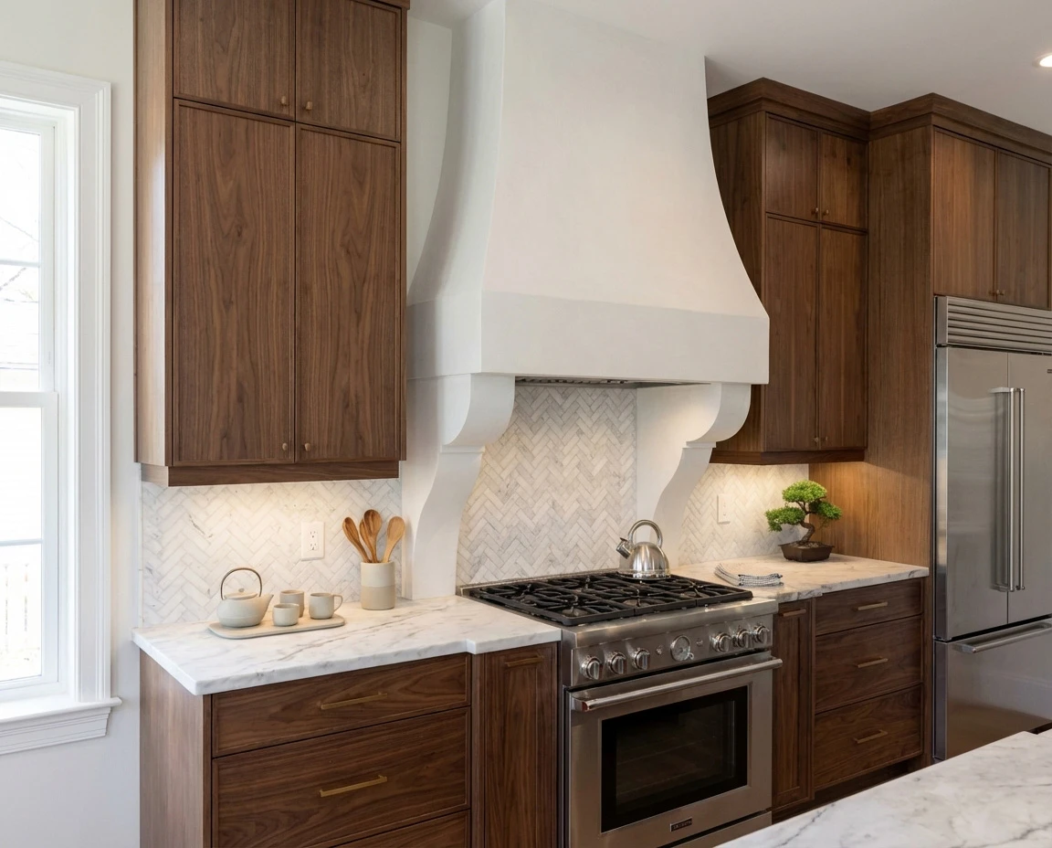Cream cast stone curved range hood with a smooth profile in a walnut kitchen