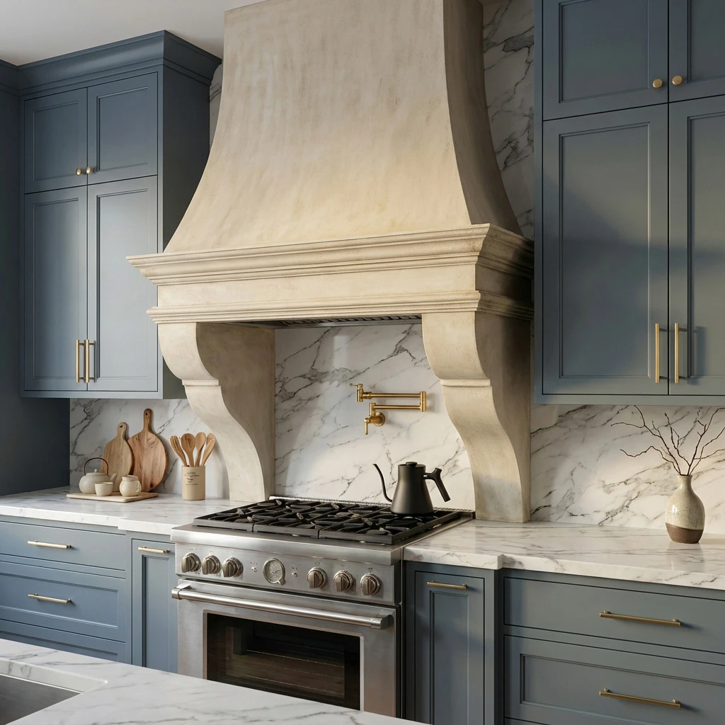 Corbelled cast stone range hood over a professional range with a marble backsplash