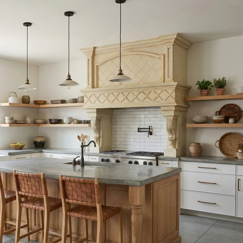 Cream cast stone range hood with an arched apron, lattice relief and corbels