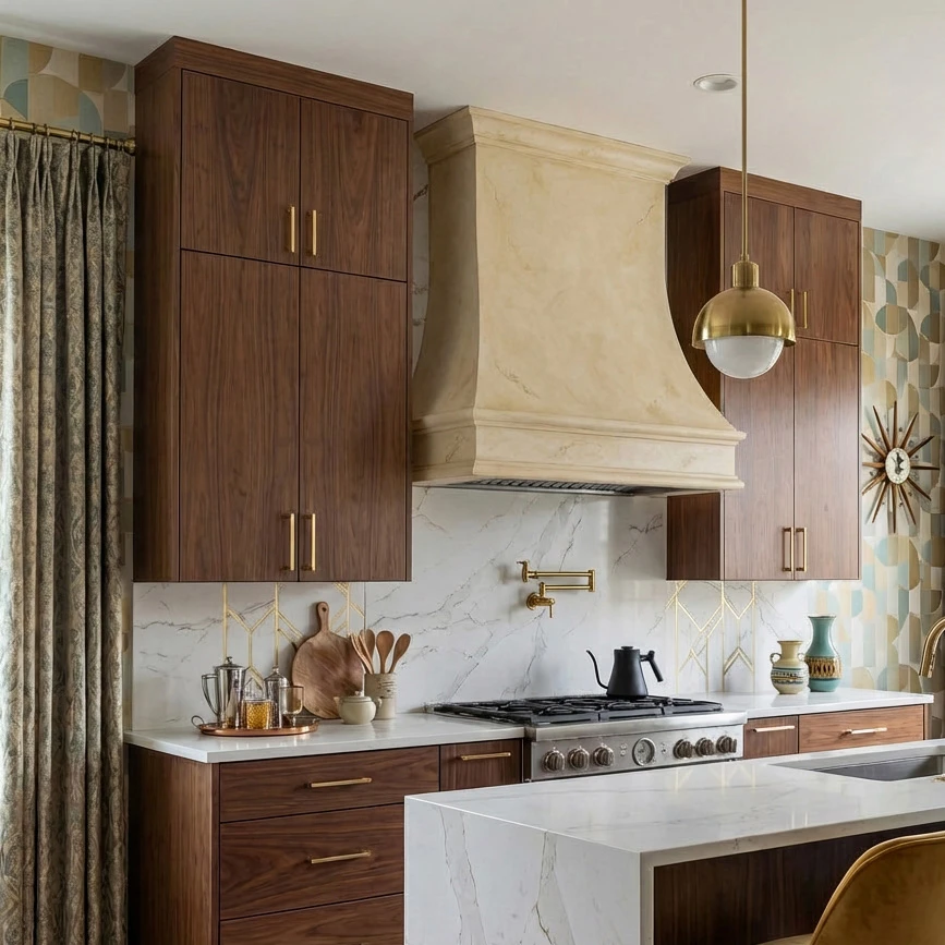 Cream cast stone curved range hood with an S-curve profile in a walnut kitchen