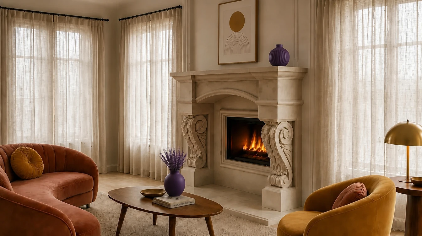 Cream cast stone traditional fireplace mantel with scrolled corbels and shelf