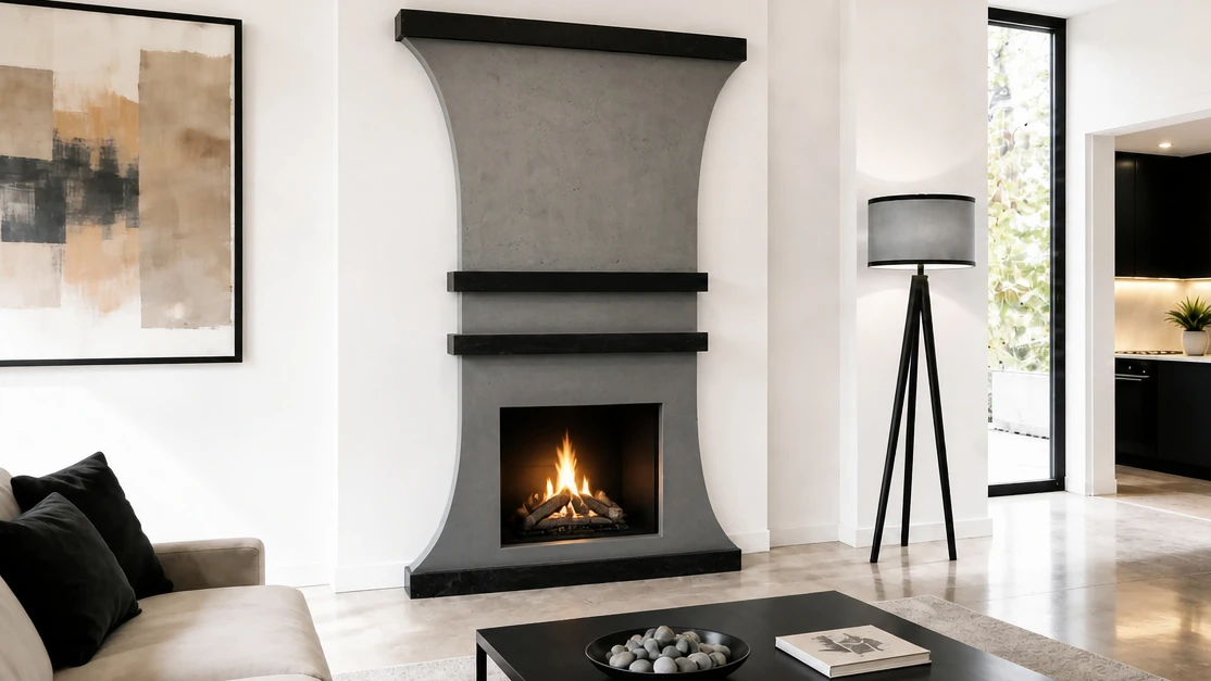 Model M-036 — dark charcoal cast stone fireplace with a bold curved hourglass-shaped surround