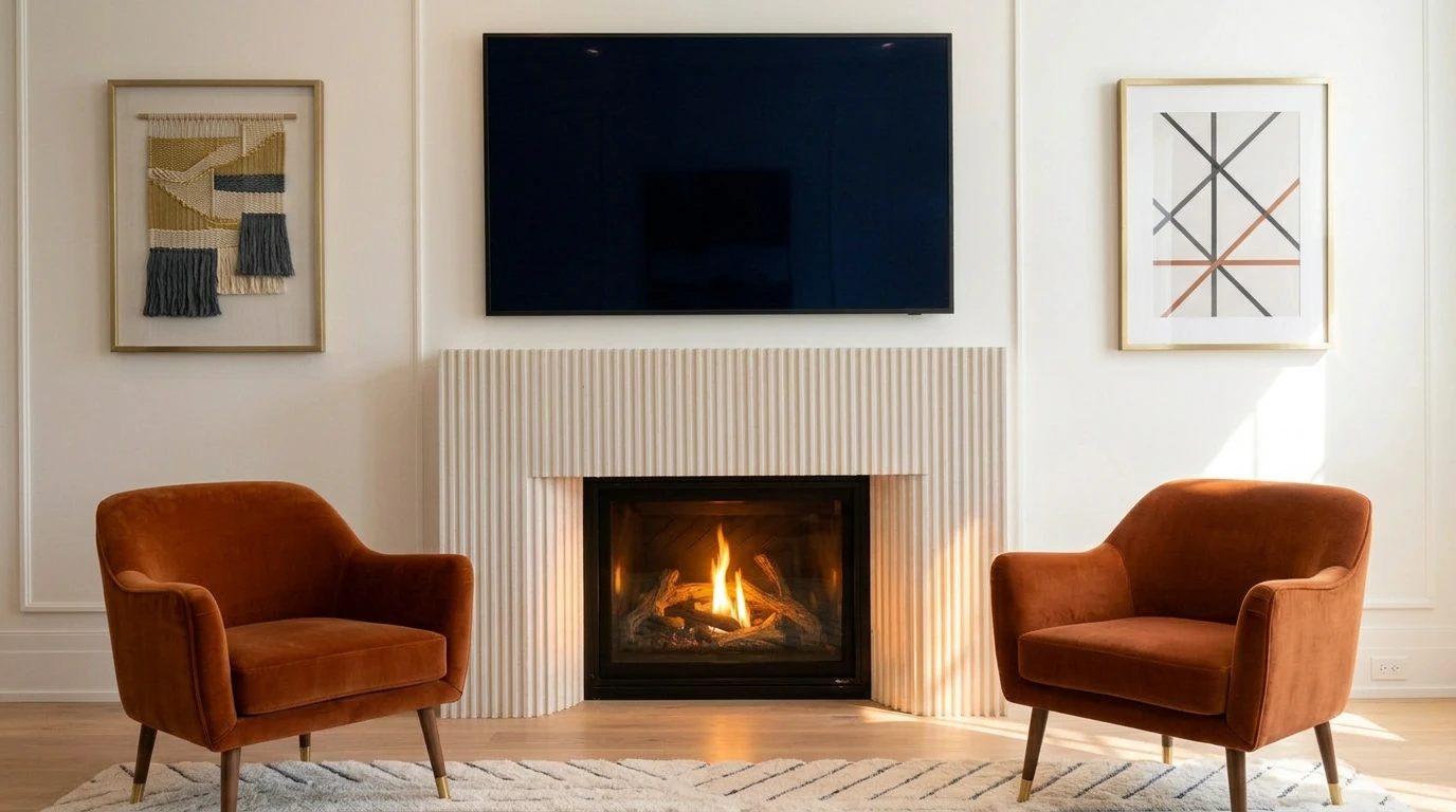 White fluted cast stone fireplace mantel with a ribbed modern design
