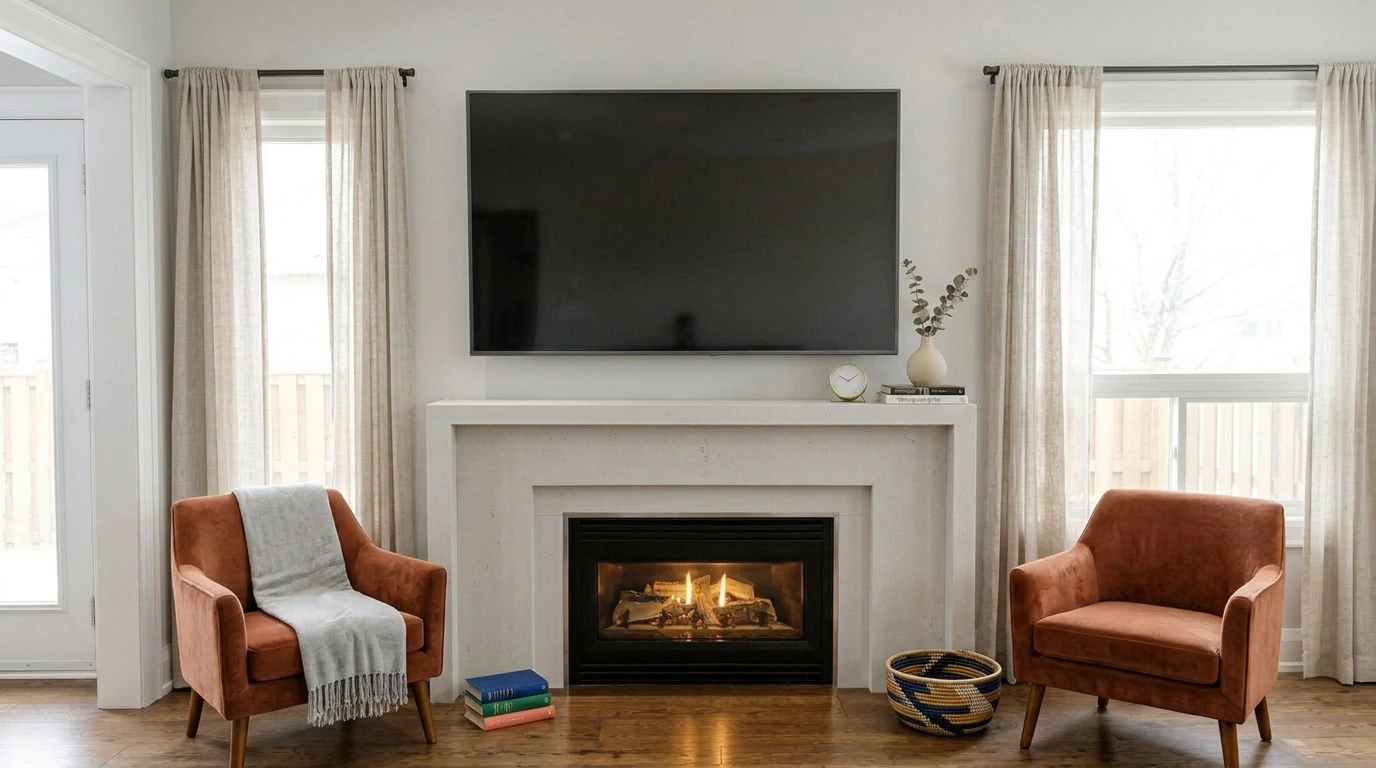 Greige cast stone fireplace mantel with a simple modern mantel shelf
