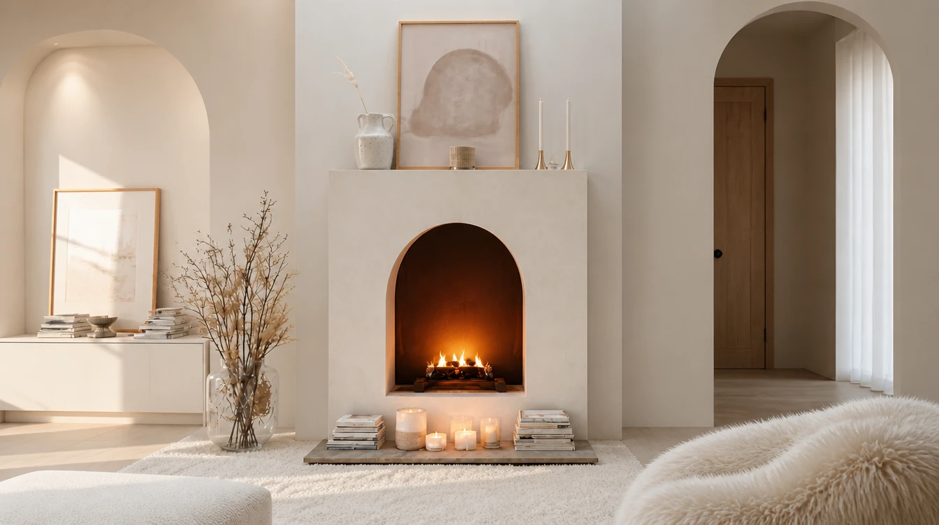 Ivory cast stone arched fireplace with a smooth hand-troweled plaster finish