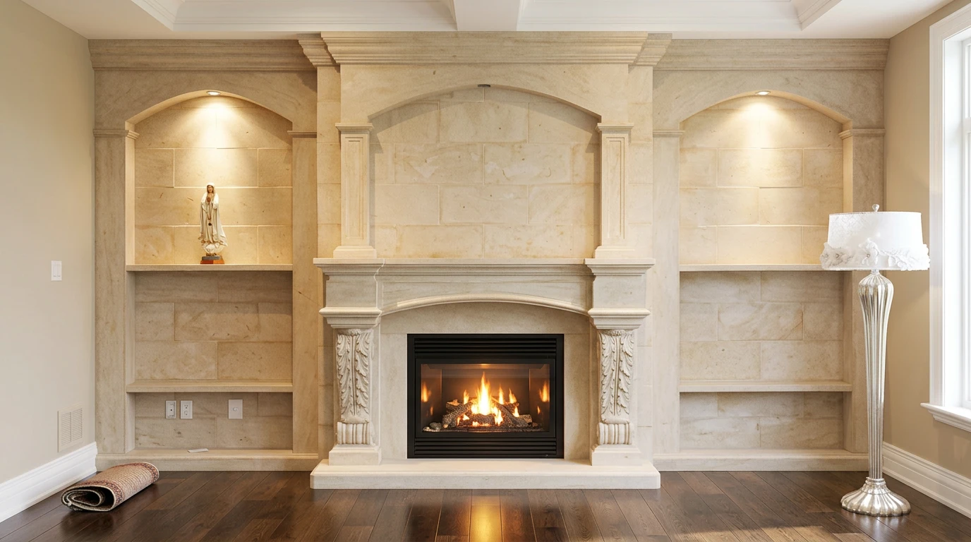 Cream cast stone fireplace with an arched overmantel and matching wall niches