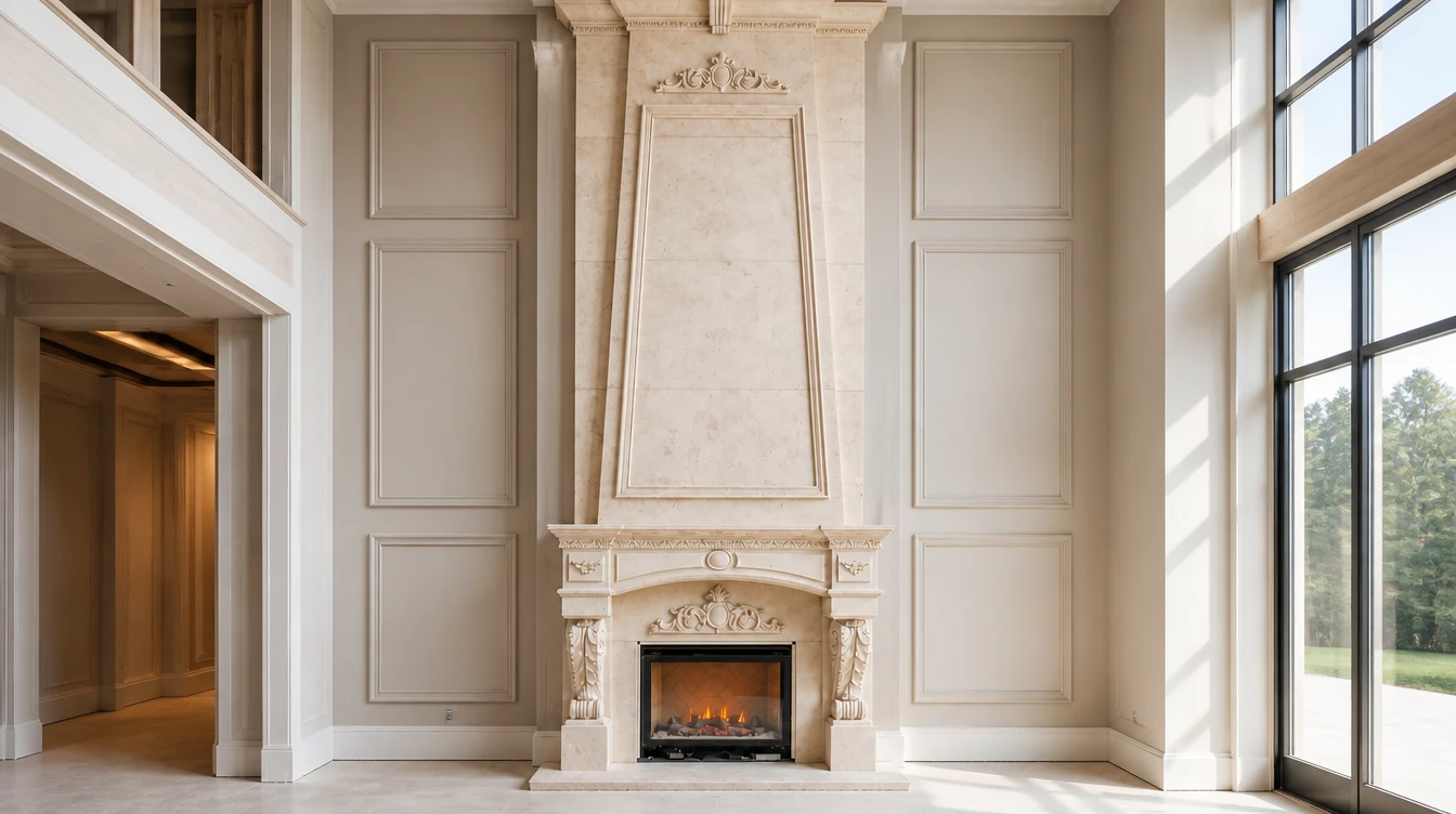 Cream cast stone fireplace with a tall carved overmantel and arched crest