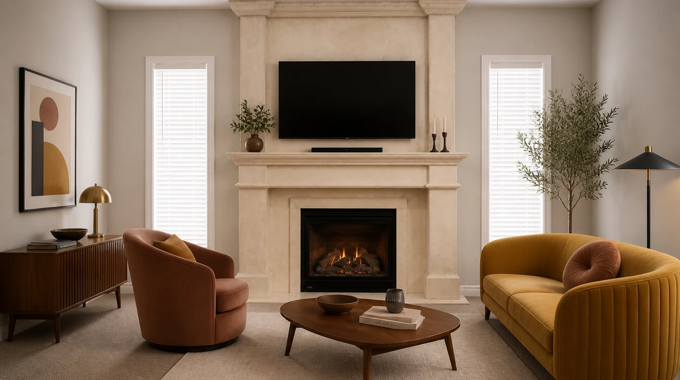 Cream cast stone traditional fireplace mantel with a molded surround and shelf