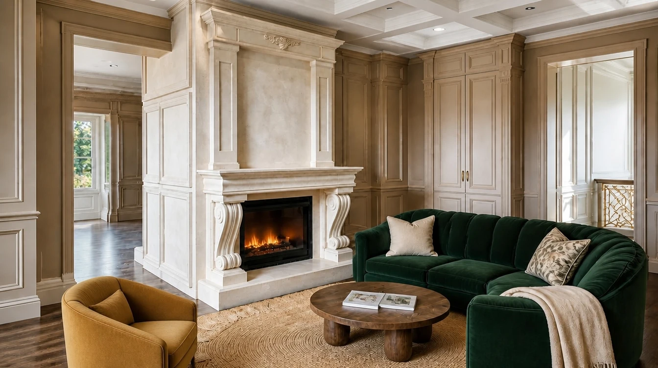 Cream cast stone traditional fireplace mantel with scrolled corbel legs