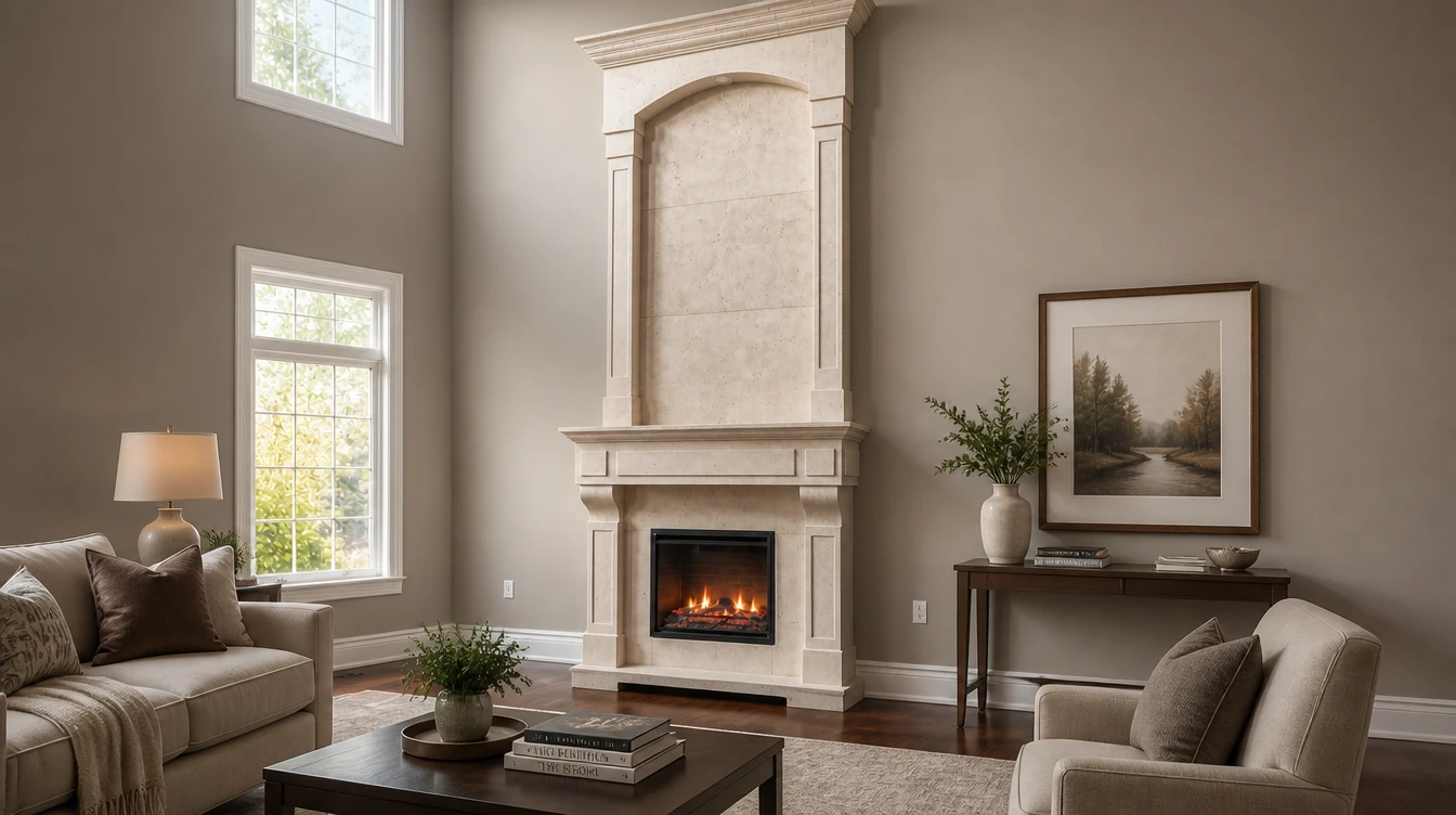 Cream cast stone fireplace mantel with a tall traditional overmantel