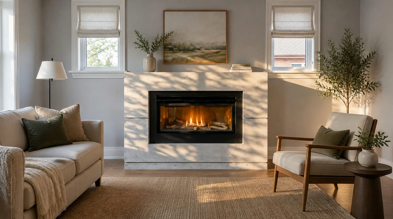Model M-045 — light grey cast stone fireplace with a clean modern surround and black linear firebox
