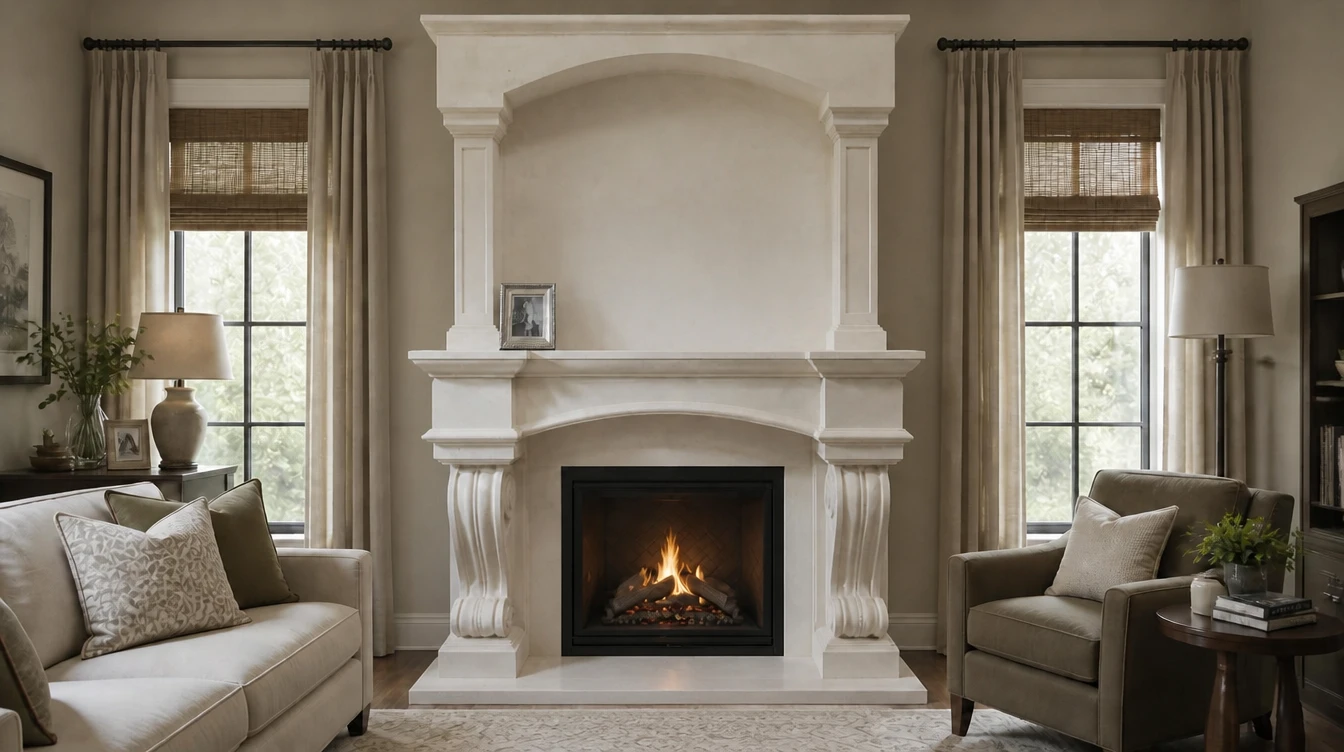 Cream cast stone traditional fireplace mantel with an arched overmantel and scrolled legs