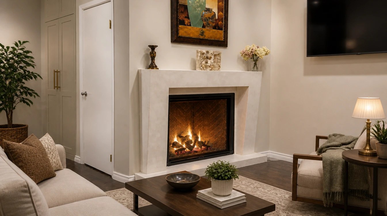 White cast stone fireplace mantel with an arched firebox opening and molded surround