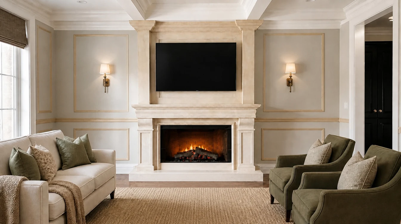 Cream cast stone traditional fireplace mantel with a molded surround and mantel shelf