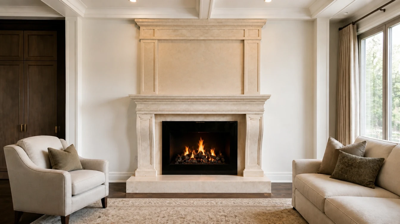 Cream cast stone traditional fireplace mantel with a molded surround and shelf