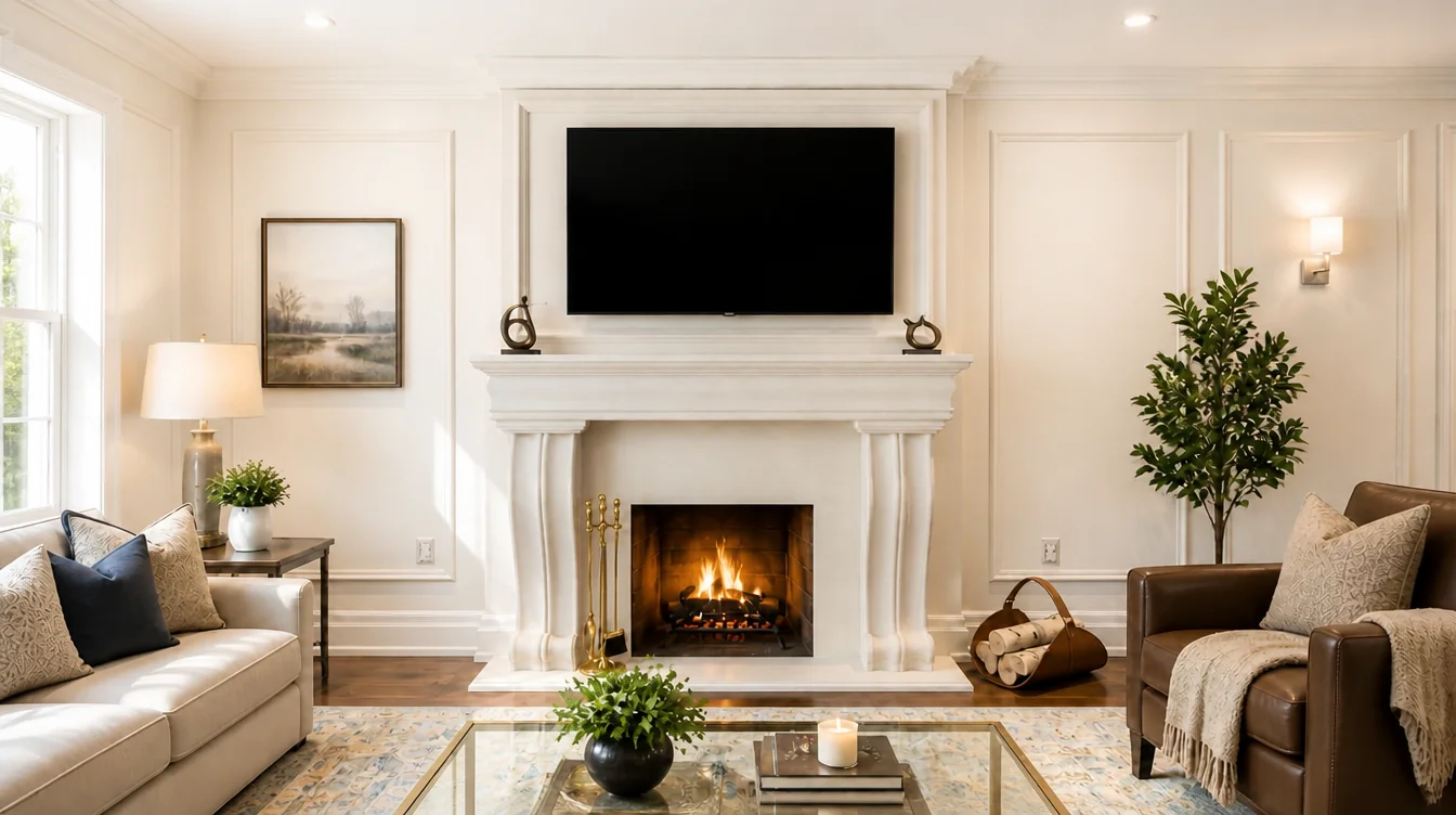 Cream cast stone traditional fireplace mantel with a molded surround and shelf