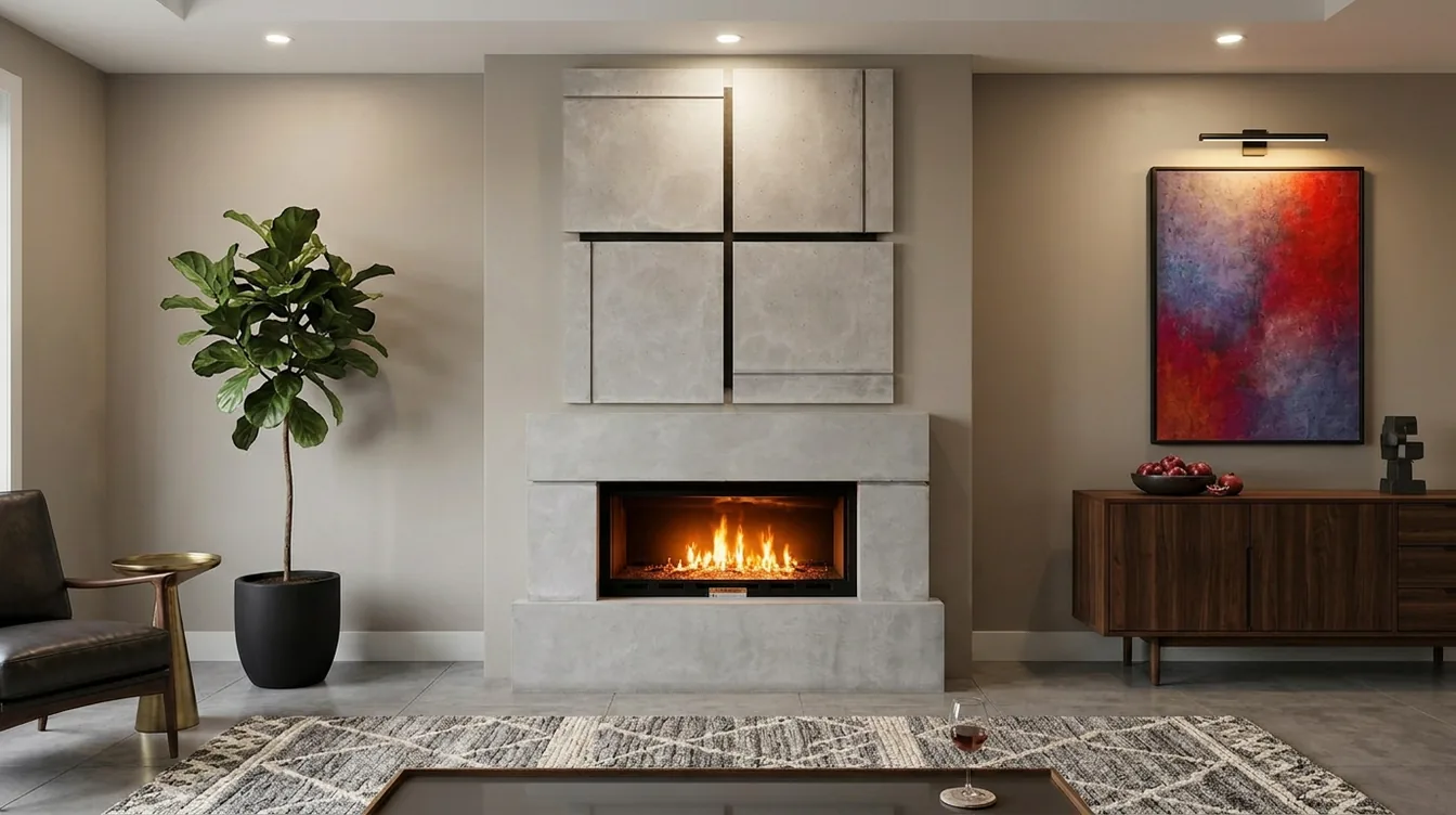Model M-051 — light grey cast stone modern fireplace with a four-panel grid-relief overmantel and linear firebox