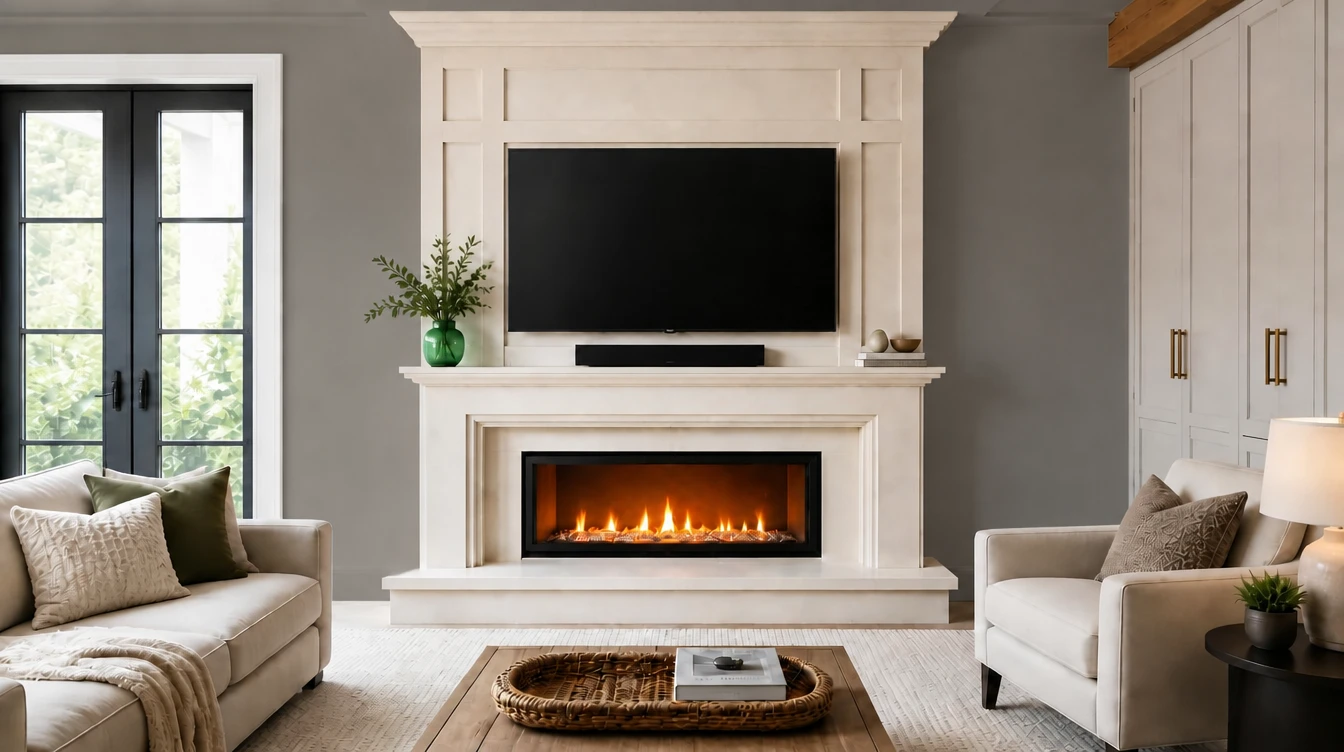Cream cast stone fireplace mantel with a molded surround and linear firebox