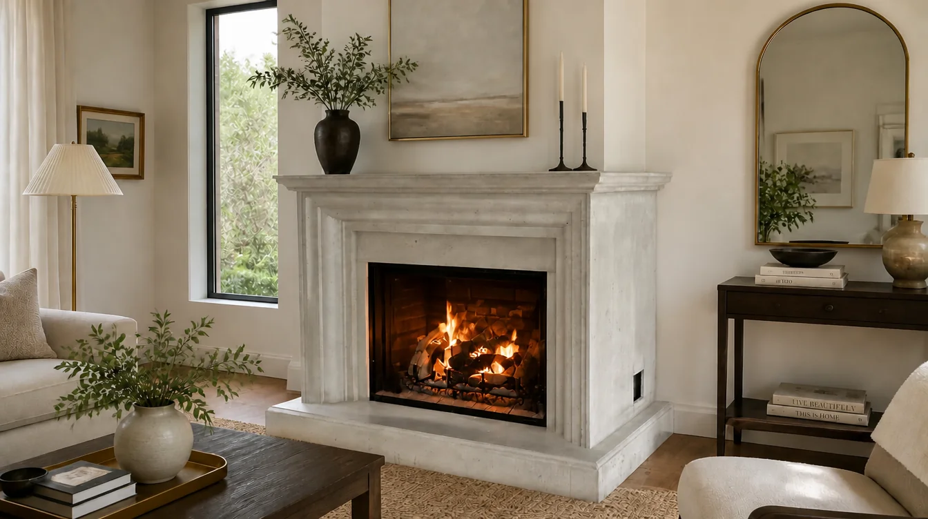 Model M-053 — light grey marble fireplace mantel with a classic stepped, molded surround