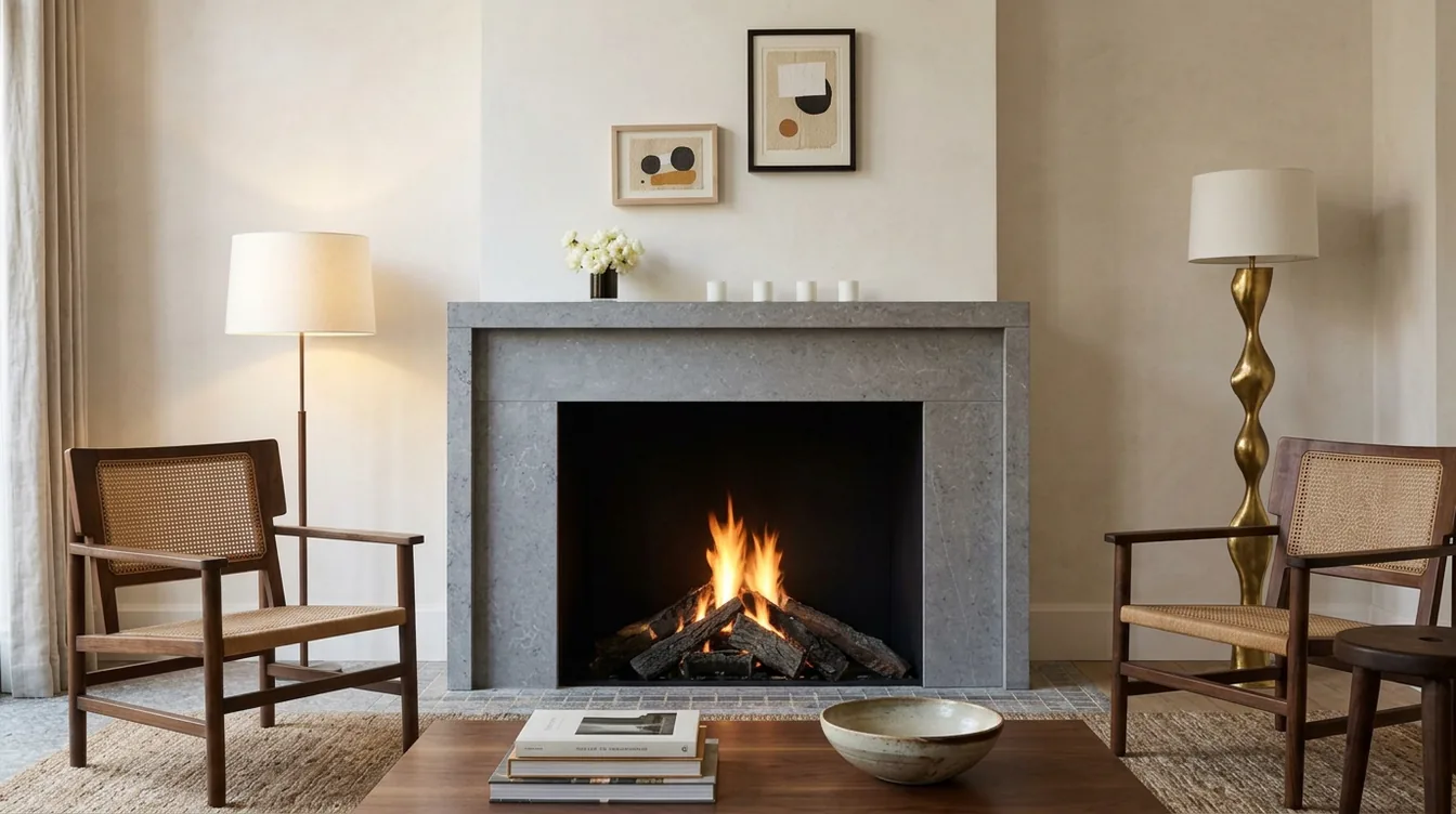 Model M-054 — grey cast stone fireplace mantel with a stepped, molded surround and wood-burning firebox