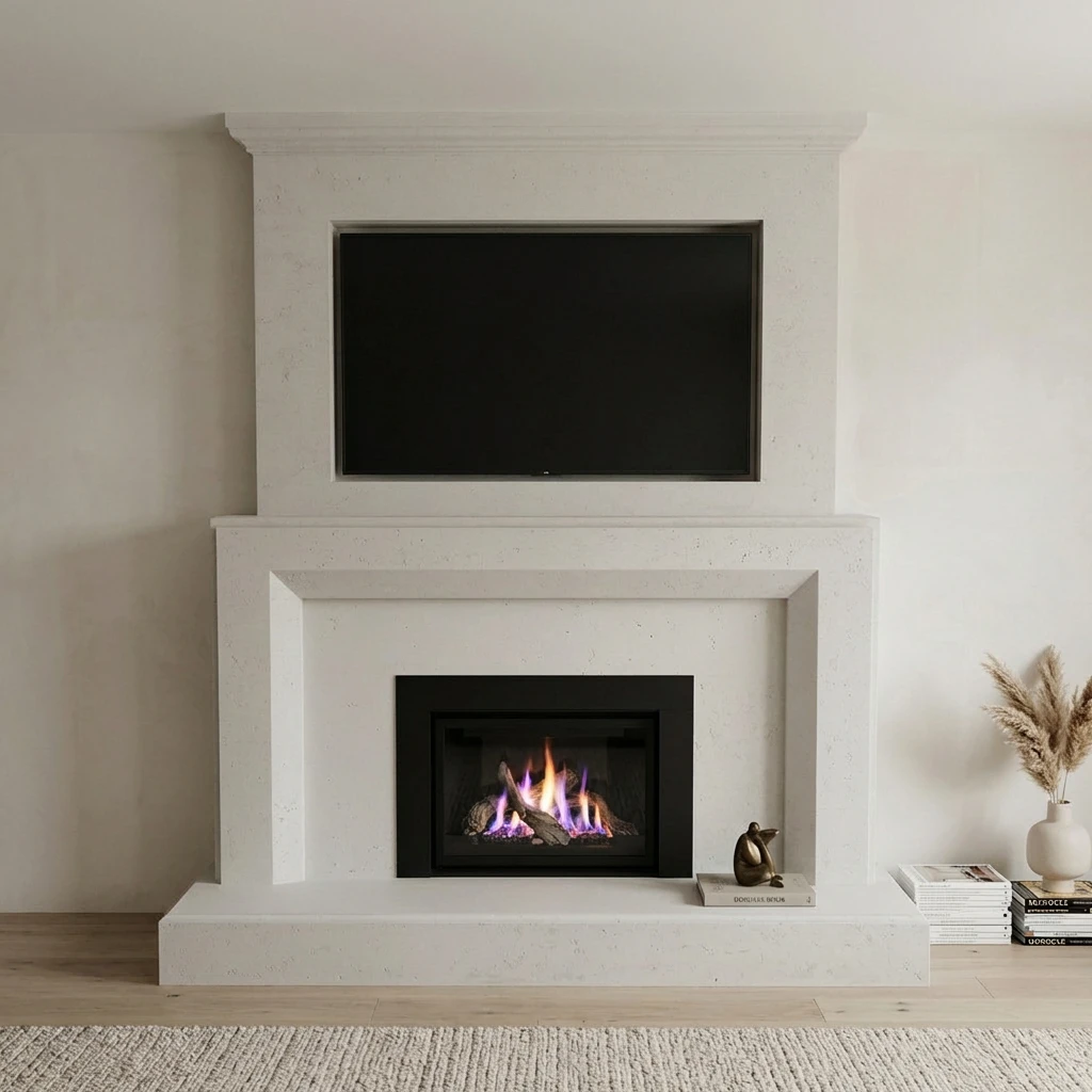 White cast stone modern fireplace mantel with a stepped surround