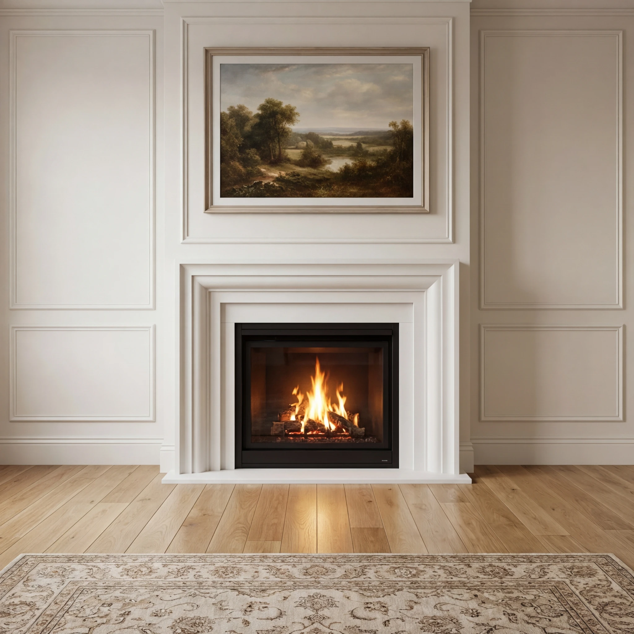 White cast stone fireplace mantel with a refined molded surround