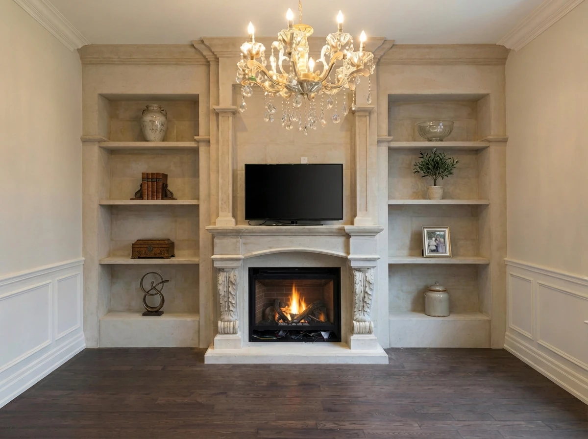 Cream cast stone fireplace mantel with an arched overmantel between built-in shelving
