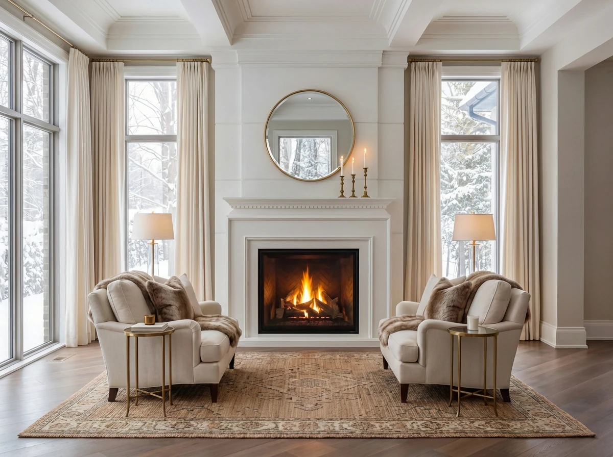 White cast stone traditional fireplace mantel with a molded shelf surround