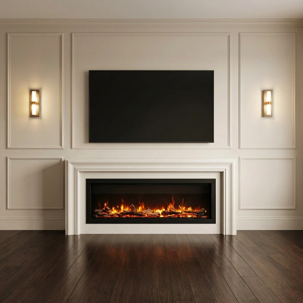 White cast stone modern fireplace with a slim mantel shelf and long linear firebox