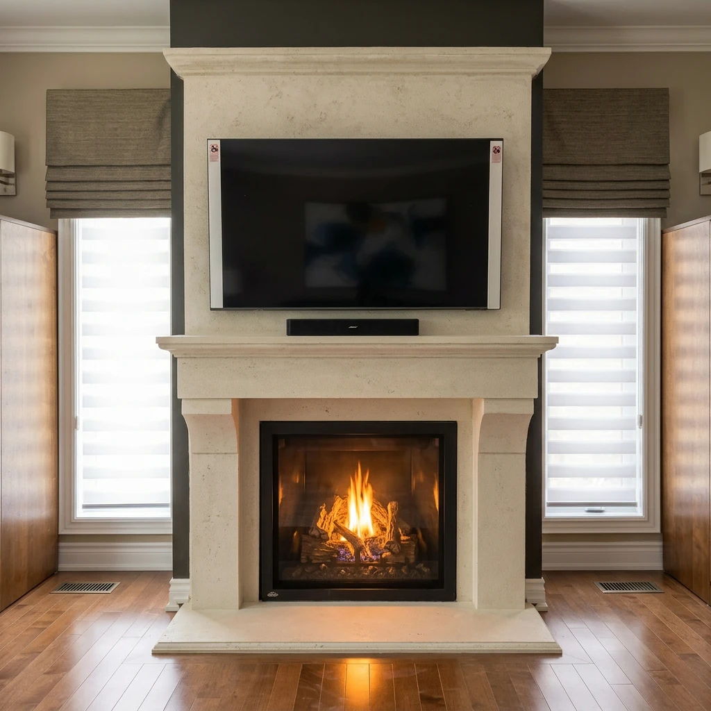 Cream cast stone traditional fireplace mantel with a molded surround and shelf
