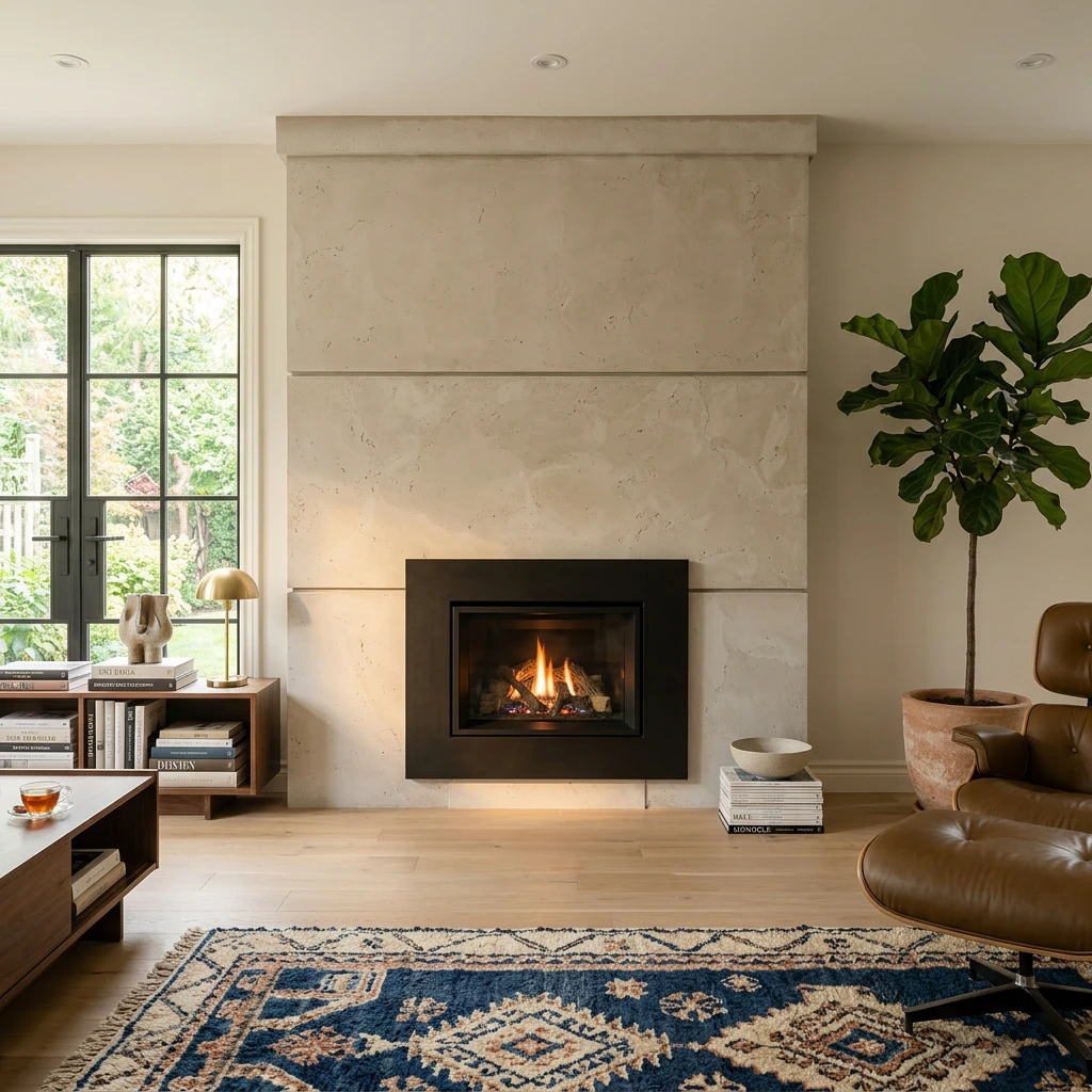 Cream cast stone contemporary fireplace with a tall stacked-block surround