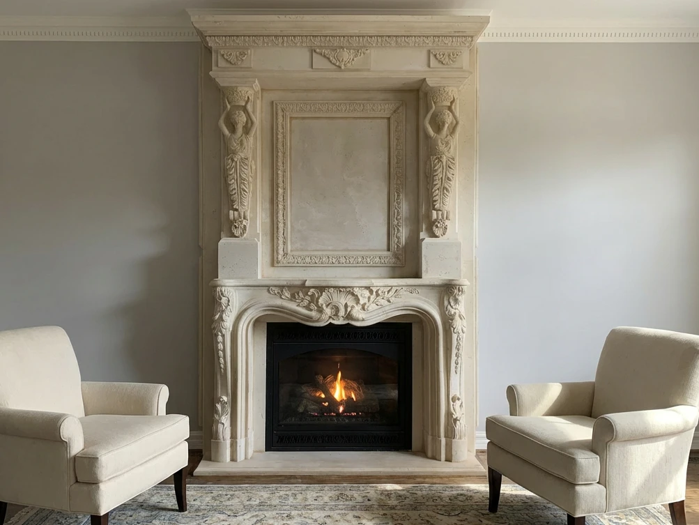 White cast stone French-style fireplace mantel with carved floral scrollwork and overmantel