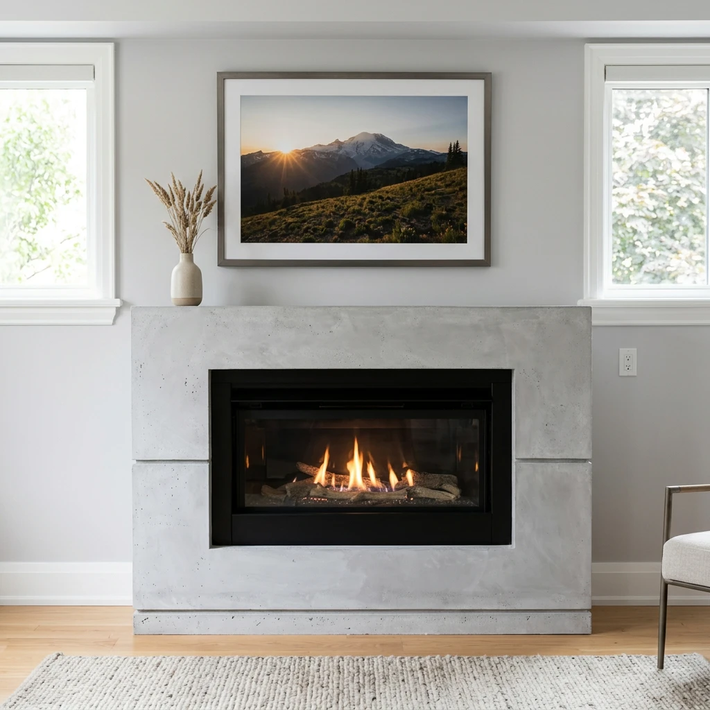Light grey cast stone modern fireplace with a flat-panel surround and linear firebox