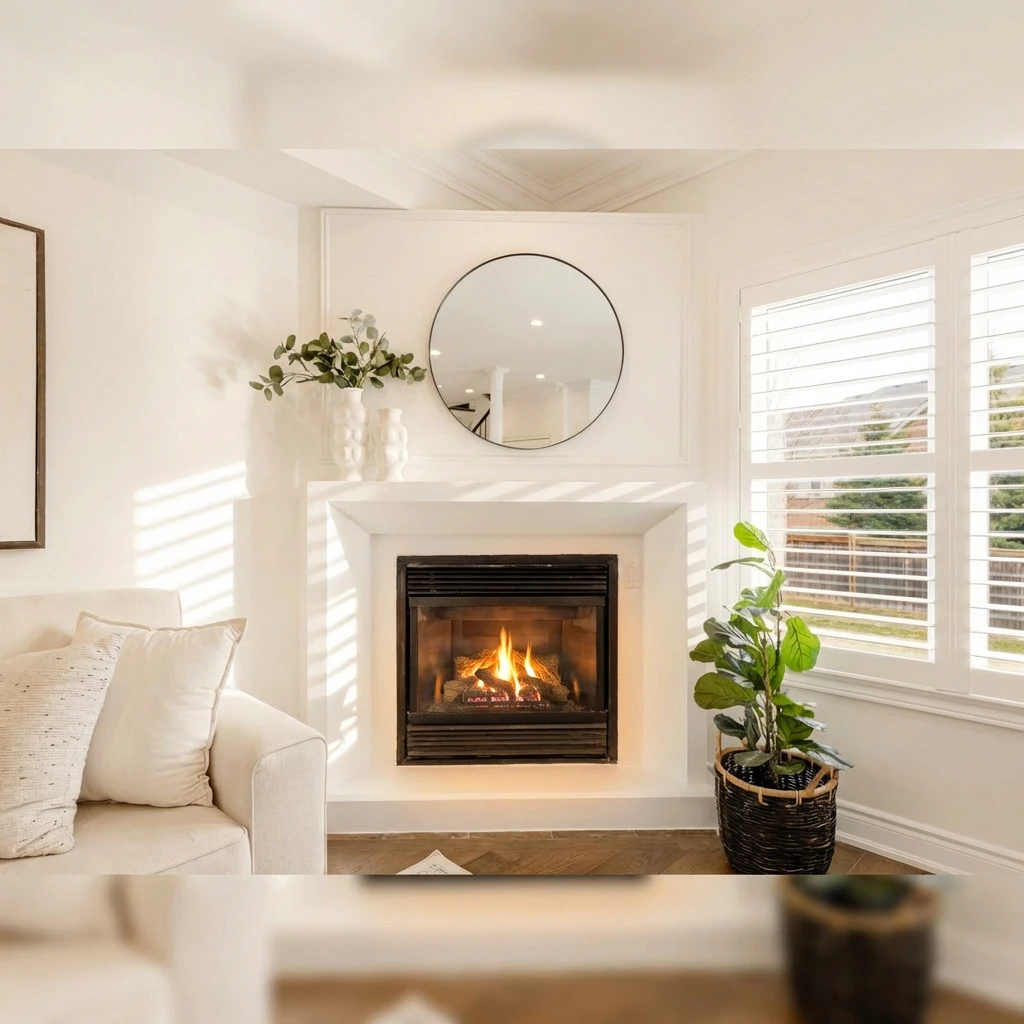White cast stone fireplace mantel with a simple traditional surround