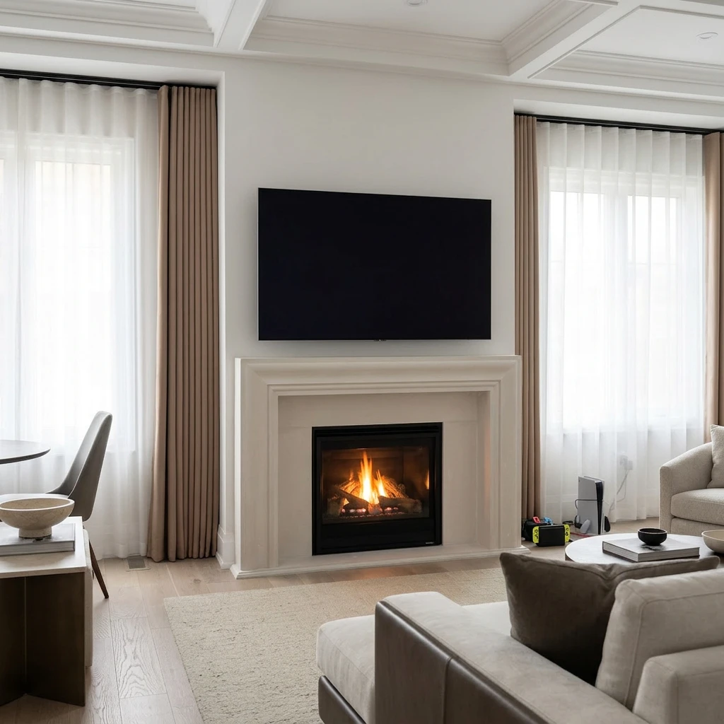 Cream cast stone traditional fireplace mantel with a molded surround and shelf