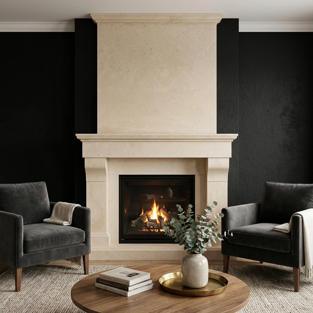 Cream cast stone fireplace mantel with a classic corbelled surround