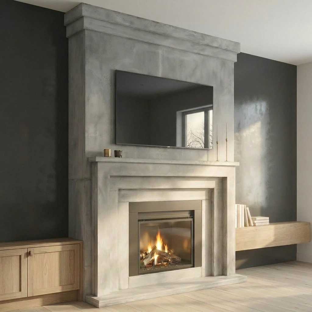 Grey cast stone fireplace mantel with a substantial squared modern surround