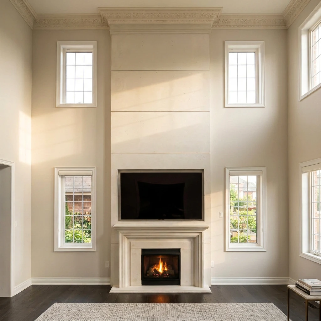 White cast stone compact fireplace mantel with a soft modern profile