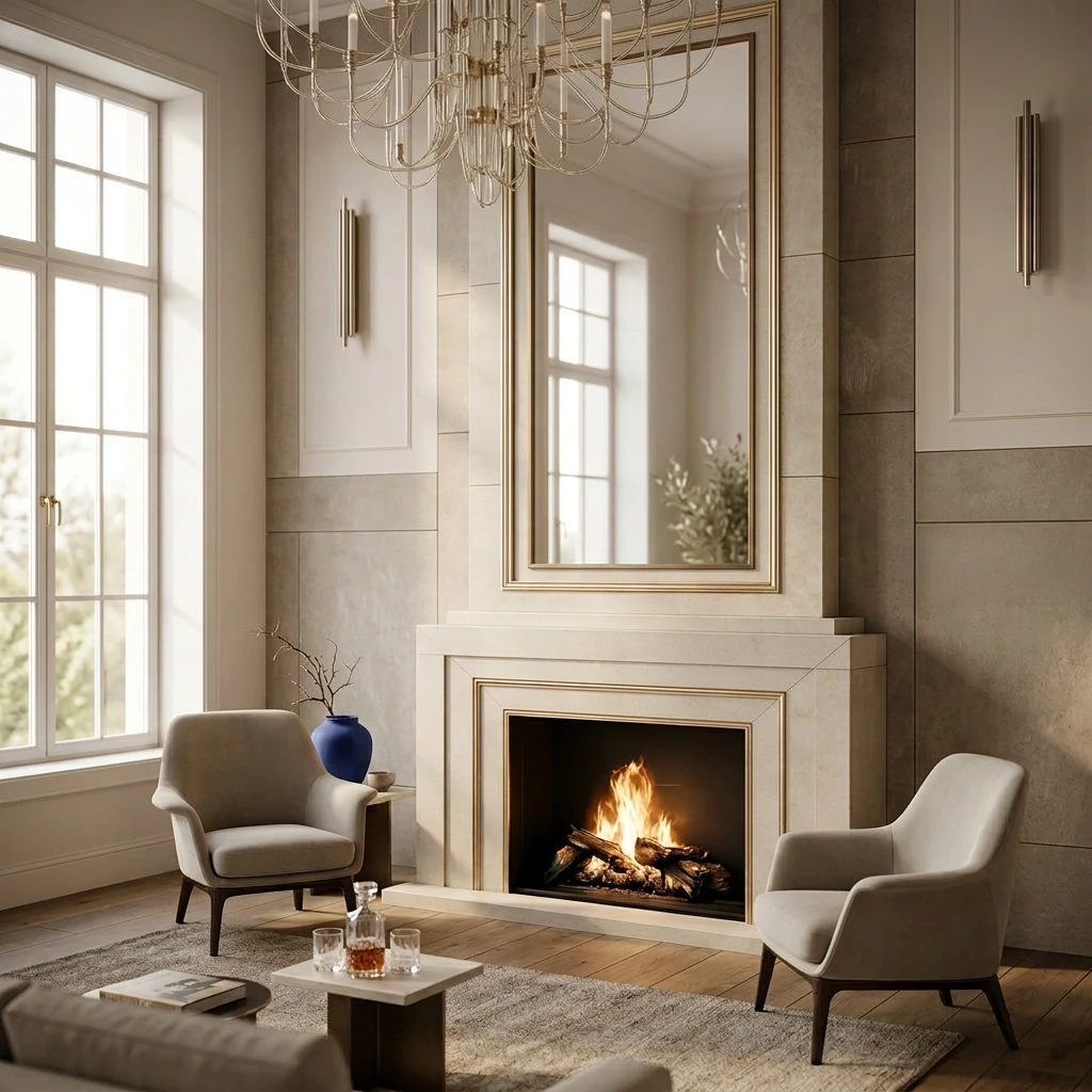 Ivory cast stone contemporary fireplace with a layered stepped surround
