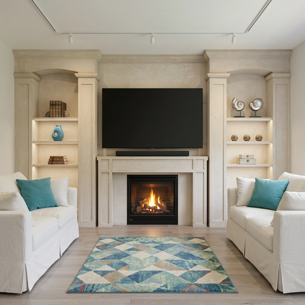 Cream cast stone fireplace mantel with a clean transitional surround and shelf